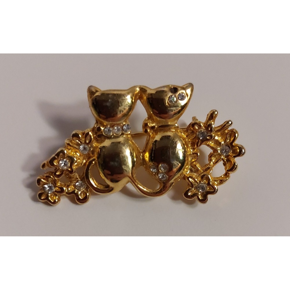 Two Cats Feline & Flowers Gold Tone Enamel & Austrian Crystal Jeweled Pin Brooch